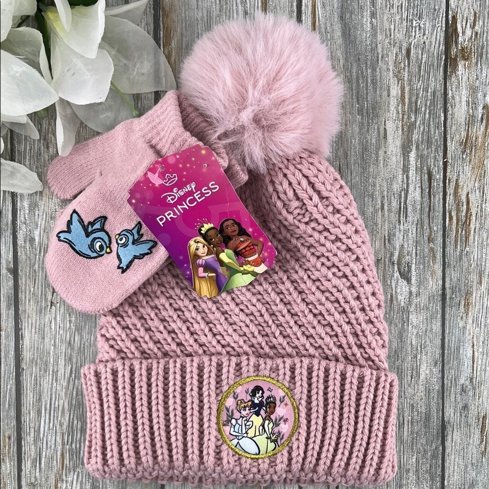 Baby Toddler Disney Princess Pink Knit Beanie and Mittens Set